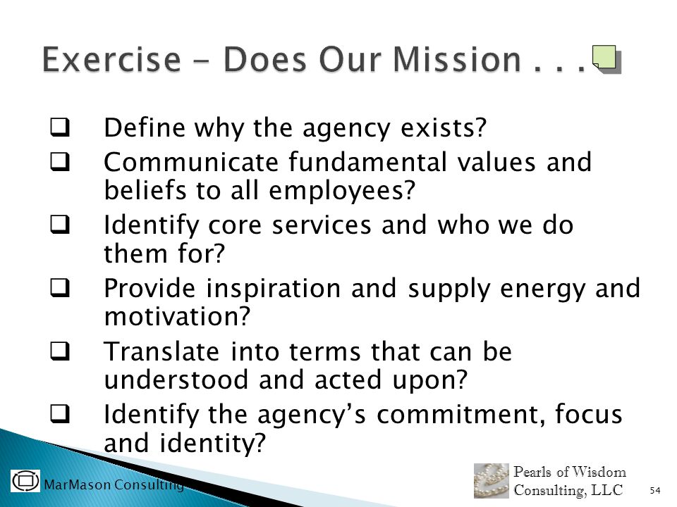 Identify the mission values and key
